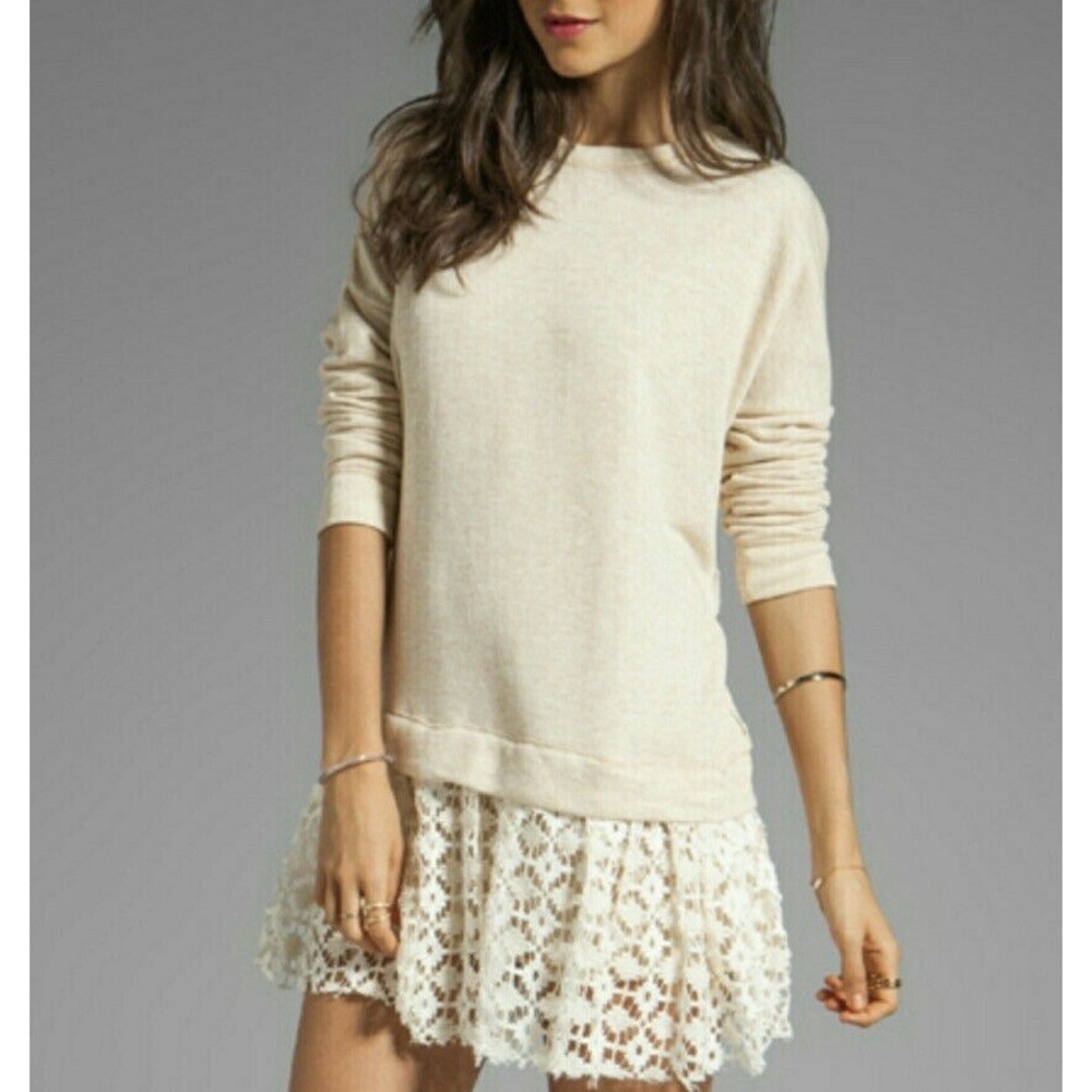 Free People Beach Lace Trim Tunic Sweatshirt Beige M/L Boho Crochet